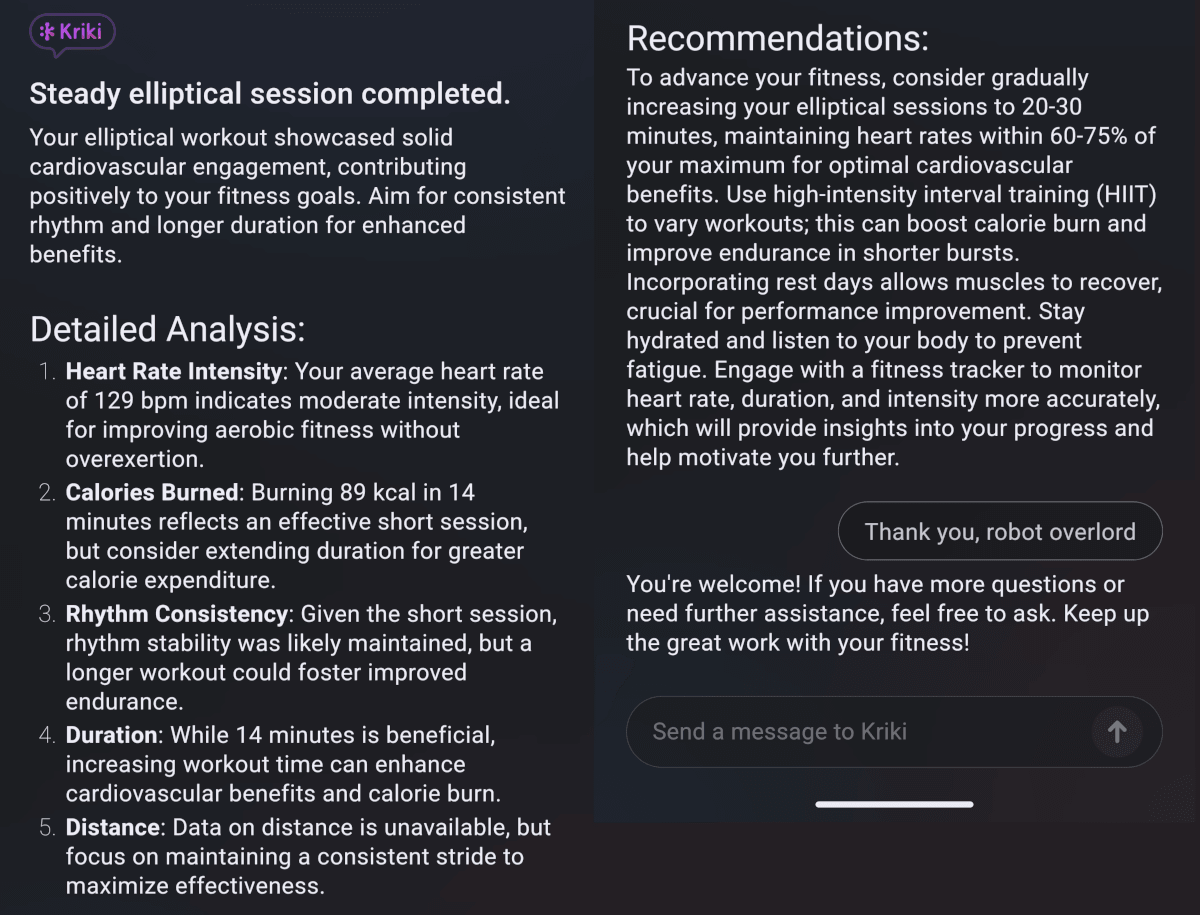 Información con IA del entrenamiento en elíptica del FT66