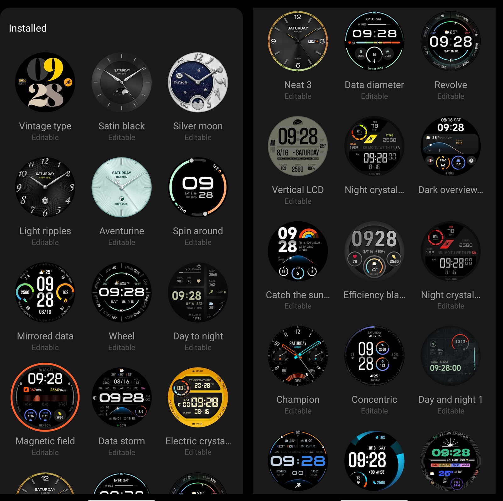 The Mi Fitness app showing a diverse selection of watch faces available for the Xiaomi Watch S4 41mm